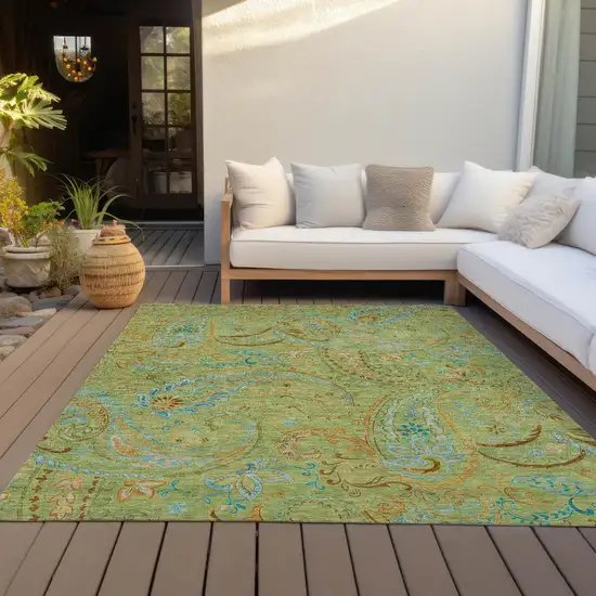 Artichoke Green Paisley Washable Indoor Outdoor Area Rug Photo 9