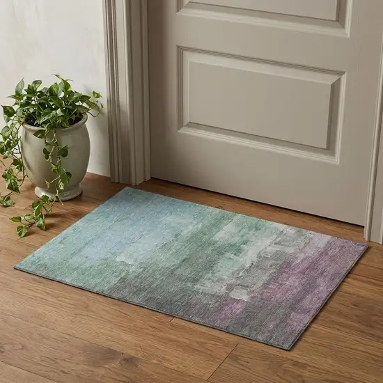 Artichoke Green Pale Aqua And Blush Abstract Washable Area Rug With UV Protection Photo 1