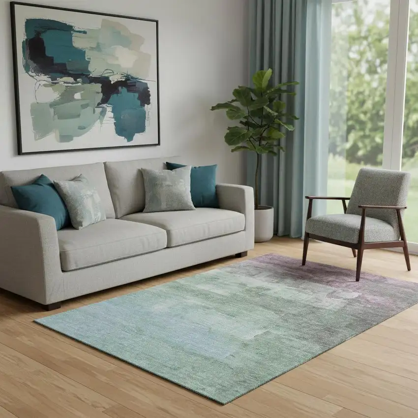 Artichoke Green Pale Aqua And Blush Abstract Washable Area Rug With UV Protection Photo 2