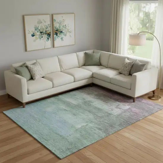 Artichoke Green Pale Aqua And Blush Abstract Washable Area Rug With UV Protection Photo 2