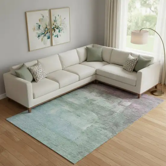 Artichoke Green Pale Aqua And Blush Abstract Washable Area Rug With UV Protection Photo 2