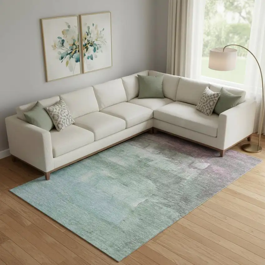 Artichoke Green Pale Aqua And Blush Abstract Washable Area Rug With UV Protection Photo 2
