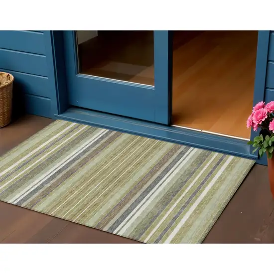 Artichoke Green Pewter And Ivory Striped Washable Indoor Outdoor Area Rug Photo 1