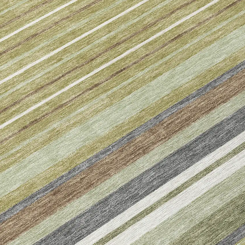 Artichoke Green Pewter And Ivory Striped Washable Indoor Outdoor Area Rug Photo 7