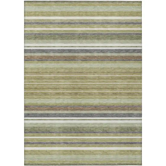 Artichoke Green Pewter And Ivory Striped Washable Indoor Outdoor Area Rug Photo 2
