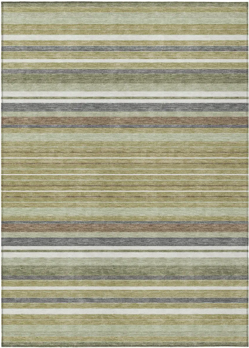 Artichoke Green Pewter And Ivory Striped Washable Indoor Outdoor Area Rug Photo 2