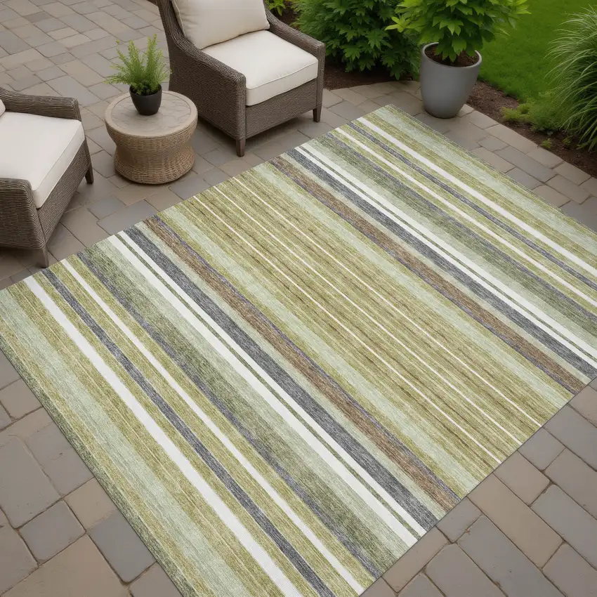 Artichoke Green Pewter And Ivory Striped Washable Indoor Outdoor Area Rug Photo 8