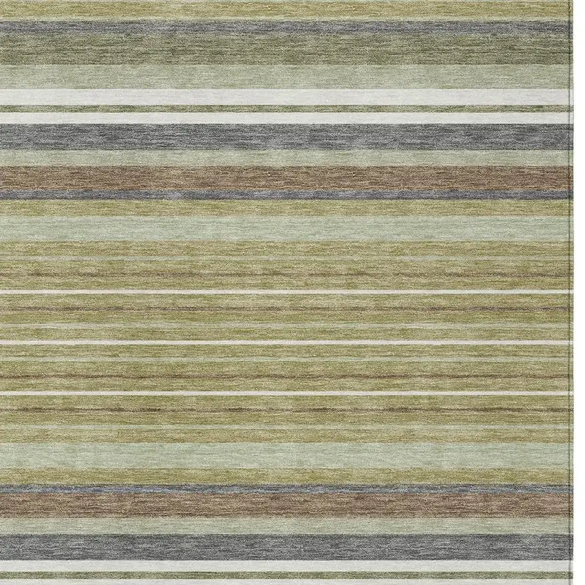 Artichoke Green Pewter And Ivory Striped Washable Indoor Outdoor Area Rug Photo 7