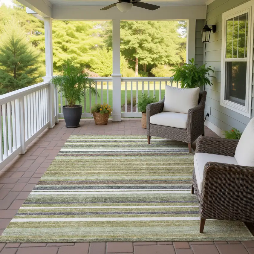 Artichoke Green Pewter And Ivory Striped Washable Indoor Outdoor Area Rug Photo 9