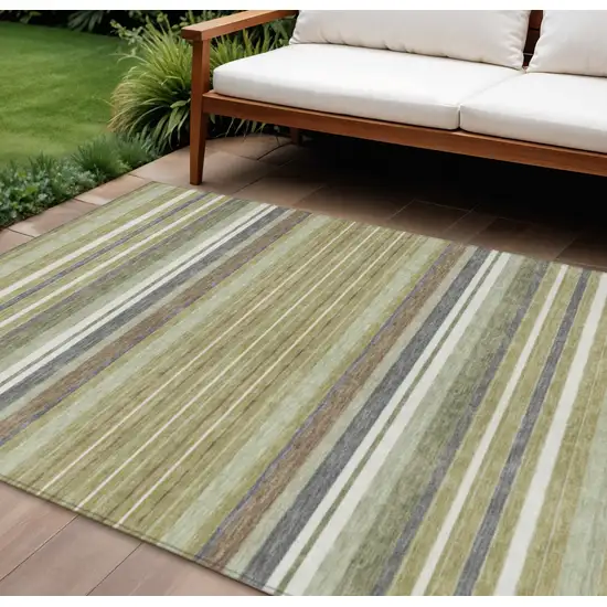Artichoke Green Pewter And Ivory Striped Washable Indoor Outdoor Area Rug Photo 1