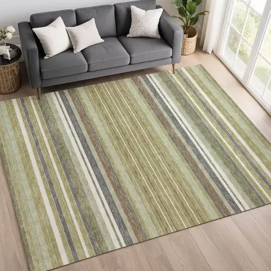 Artichoke Green Pewter And Ivory Striped Washable Indoor Outdoor Area Rug Photo 9