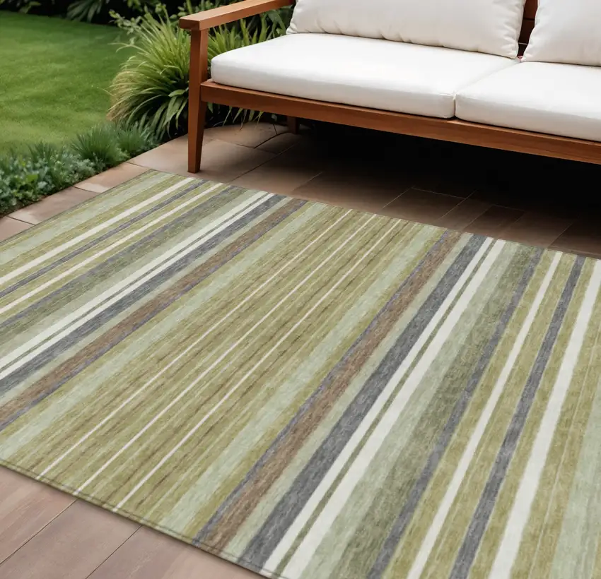 Artichoke Green Pewter And Ivory Striped Washable Indoor Outdoor Area Rug Photo 1