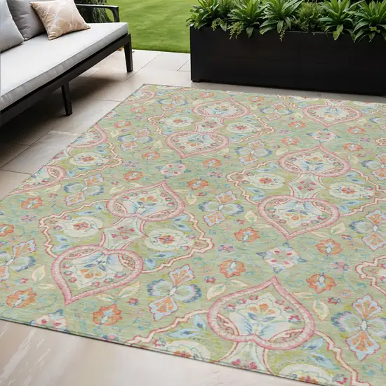 Artichoke Green Pink And Ivory Ogee Washable Indoor Outdoor Area Rug Photo 2