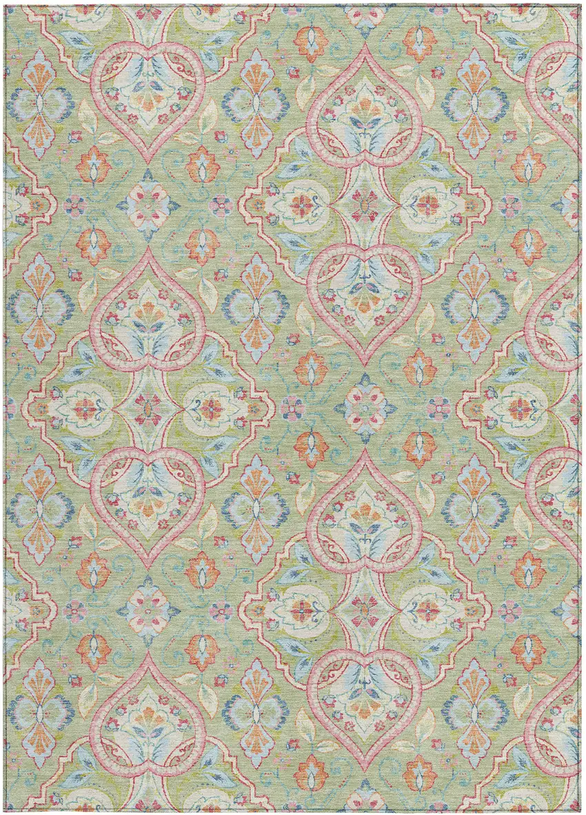Artichoke Green Pink And Ivory Ogee Washable Indoor Outdoor Area Rug Photo 3