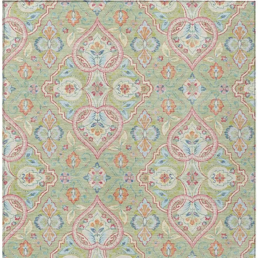 Artichoke Green Pink And Ivory Ogee Washable Indoor Outdoor Area Rug Photo 4