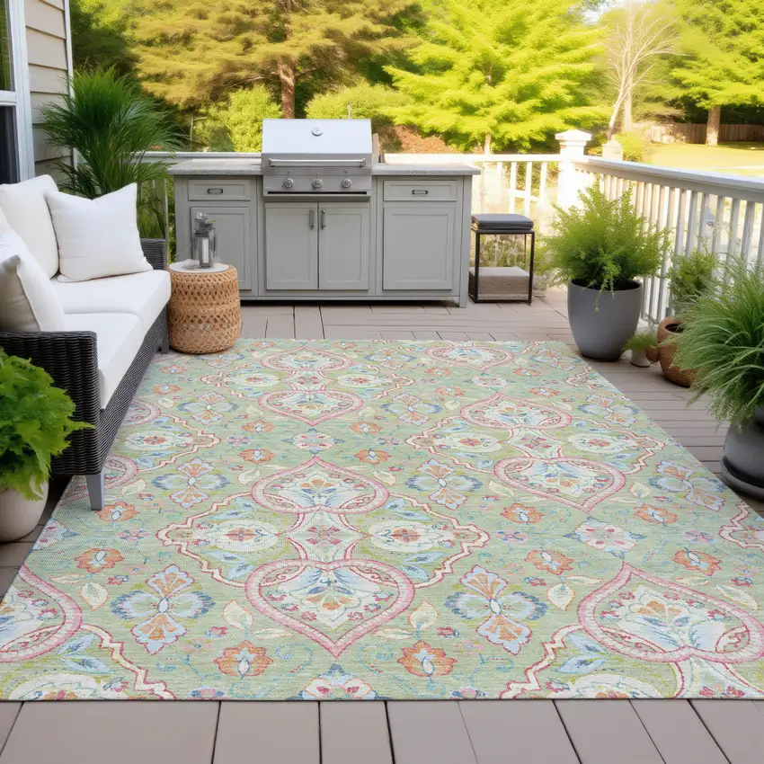 Artichoke Green Pink And Ivory Ogee Washable Indoor Outdoor Area Rug Photo 6