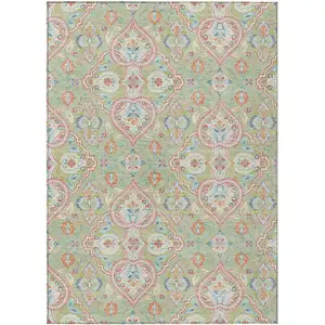 Photo of Artichoke Green Pink And Ivory Ogee Washable Indoor Outdoor Area Rug