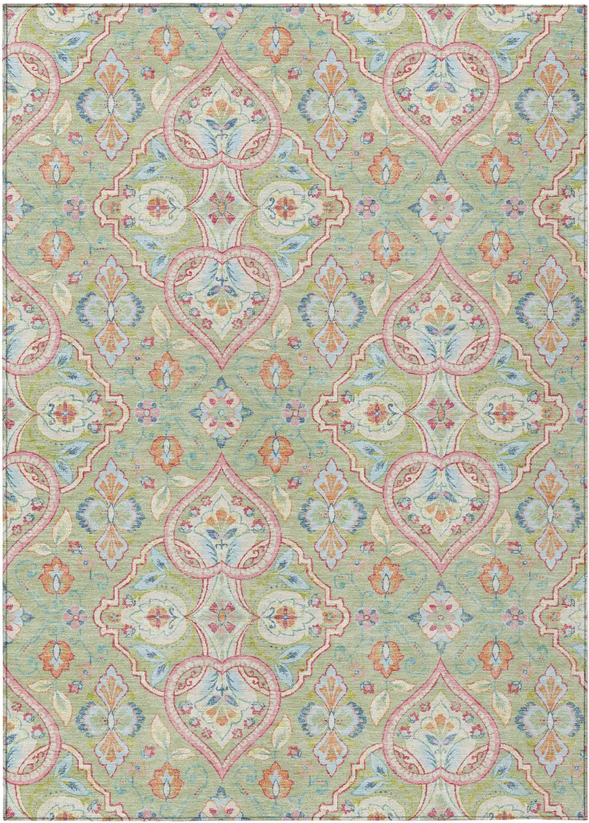 Artichoke Green Pink And Ivory Ogee Washable Indoor Outdoor Area Rug Photo 1