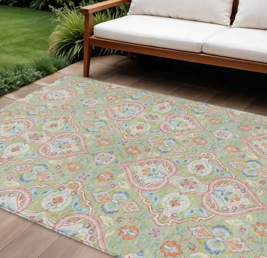 Artichoke Green Pink And Ivory Ogee Washable Indoor Outdoor Area Rug Photo 2
