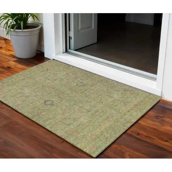 Artichoke Green Pink And Tan Floral Washable Indoor Outdoor Area Rug Photo 1