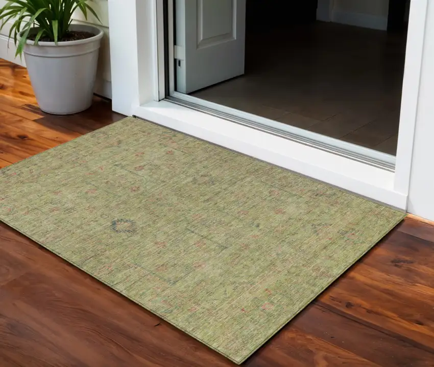 Artichoke Green Pink And Tan Floral Washable Indoor Outdoor Area Rug Photo 1