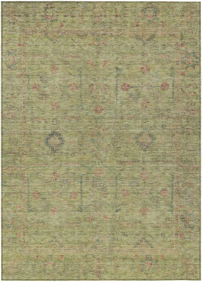 Artichoke Green Pink And Tan Floral Washable Indoor Outdoor Area Rug Photo 2