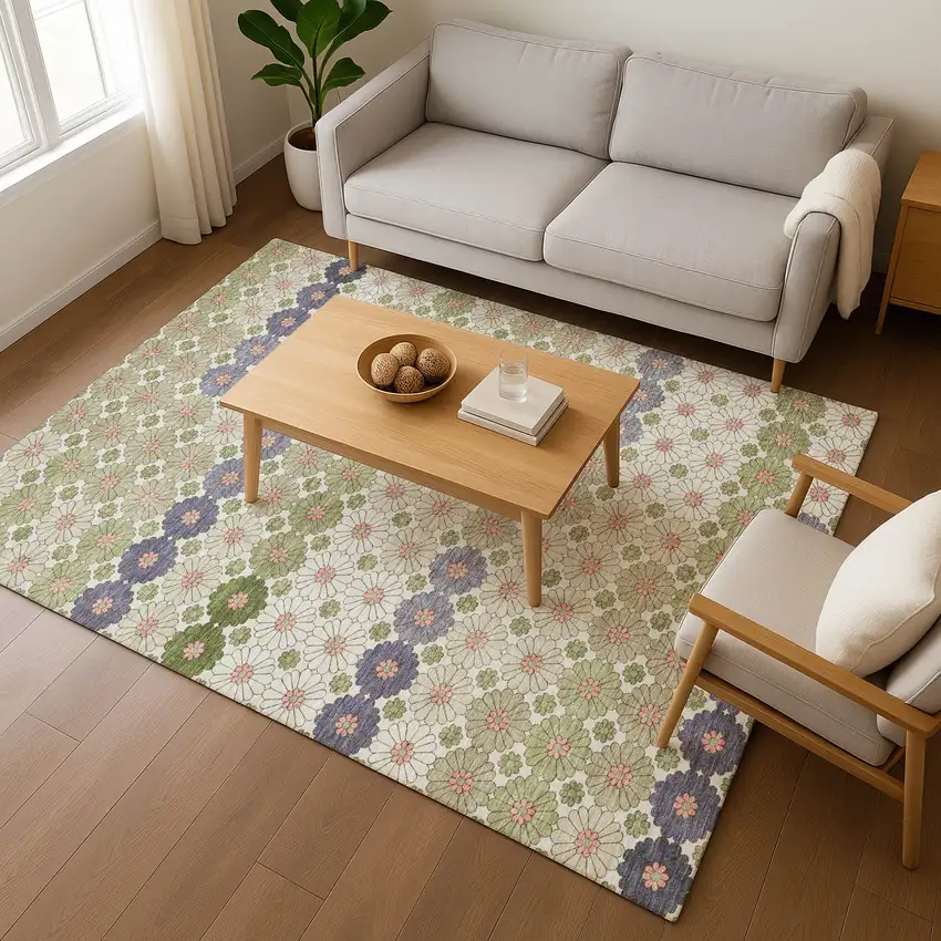 Artichoke Green Purple And Beige Geometric Washable Area Rug With UV Protection Photo 4