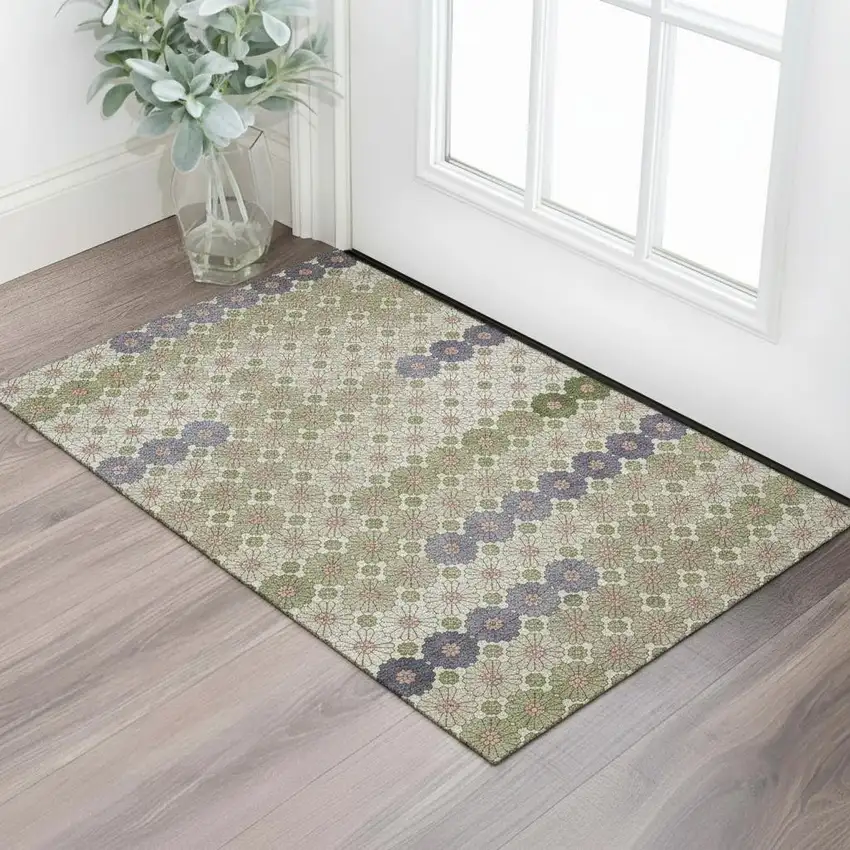 Artichoke Green Purple And Beige Geometric Washable Area Rug With UV Protection Photo 2