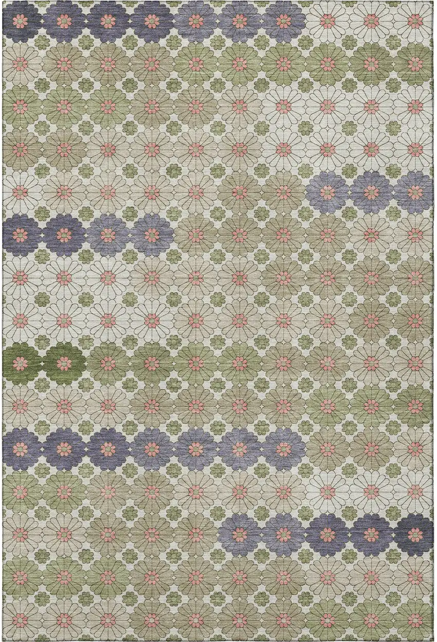 Artichoke Green Purple And Beige Geometric Washable Area Rug With UV Protection Photo 3