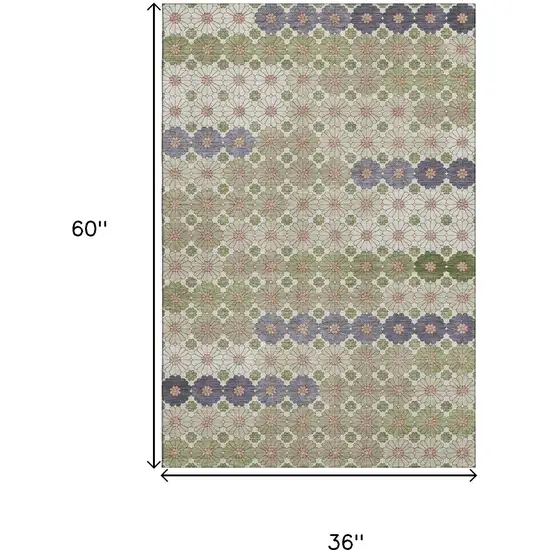 Artichoke Green Purple And Beige Geometric Washable Area Rug With UV Protection Photo 9