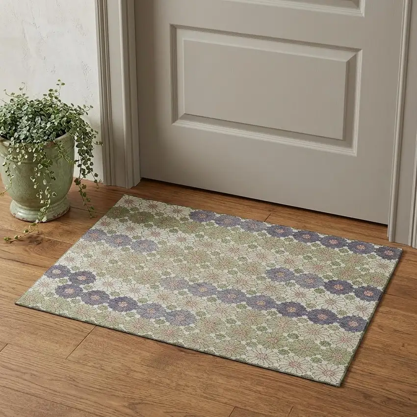 Artichoke Green Purple And Beige Geometric Washable Area Rug With UV Protection Photo 1
