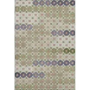 Photo of Artichoke Green Purple And Beige Geometric Washable Area Rug With UV Protection