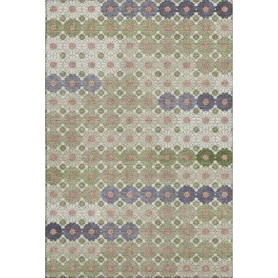 Artichoke Green Purple And Beige Geometric Washable Area Rug With UV Protection Photo 1