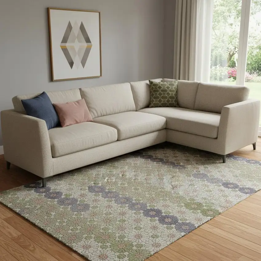 Artichoke Green Purple And Beige Geometric Washable Area Rug With UV Protection Photo 2