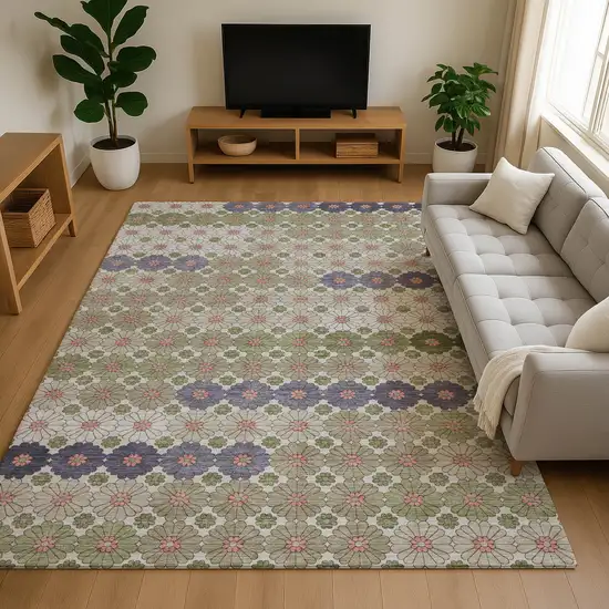 Artichoke Green Purple And Beige Geometric Washable Area Rug With UV Protection Photo 4