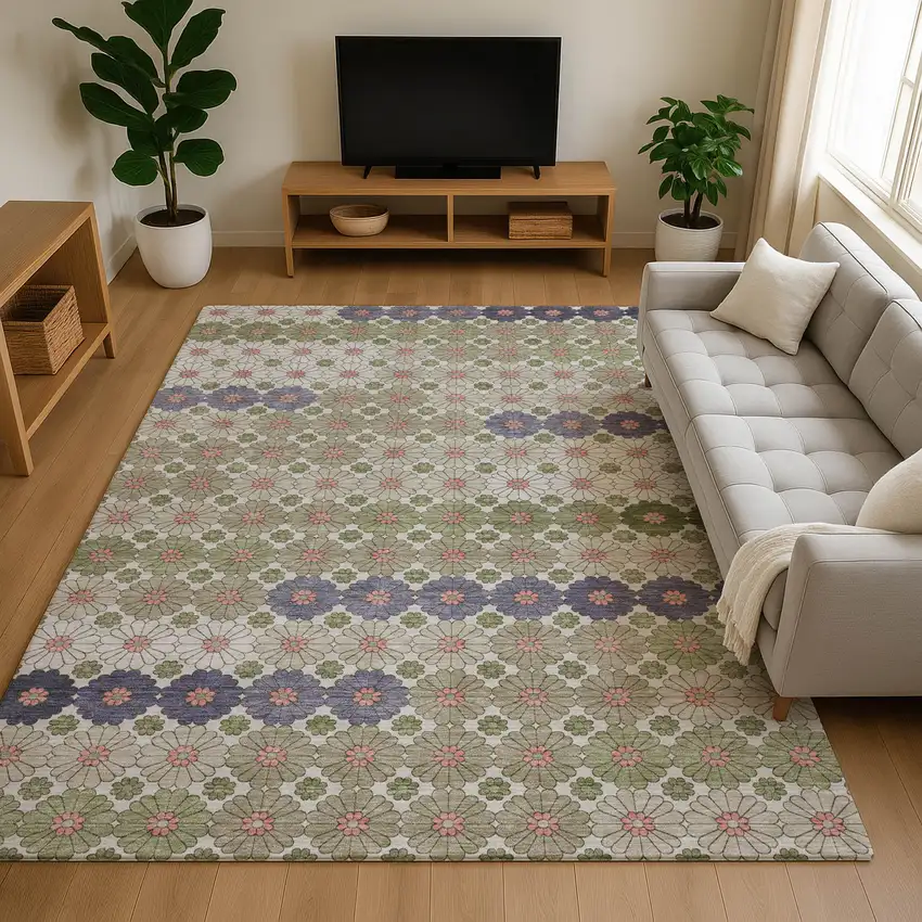 Artichoke Green Purple And Beige Geometric Washable Area Rug With UV Protection Photo 4