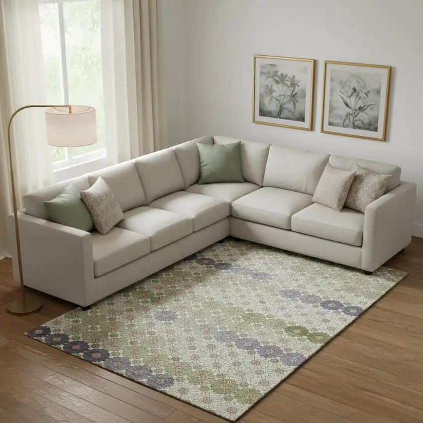 Artichoke Green Purple And Beige Geometric Washable Area Rug With UV Protection Photo 2