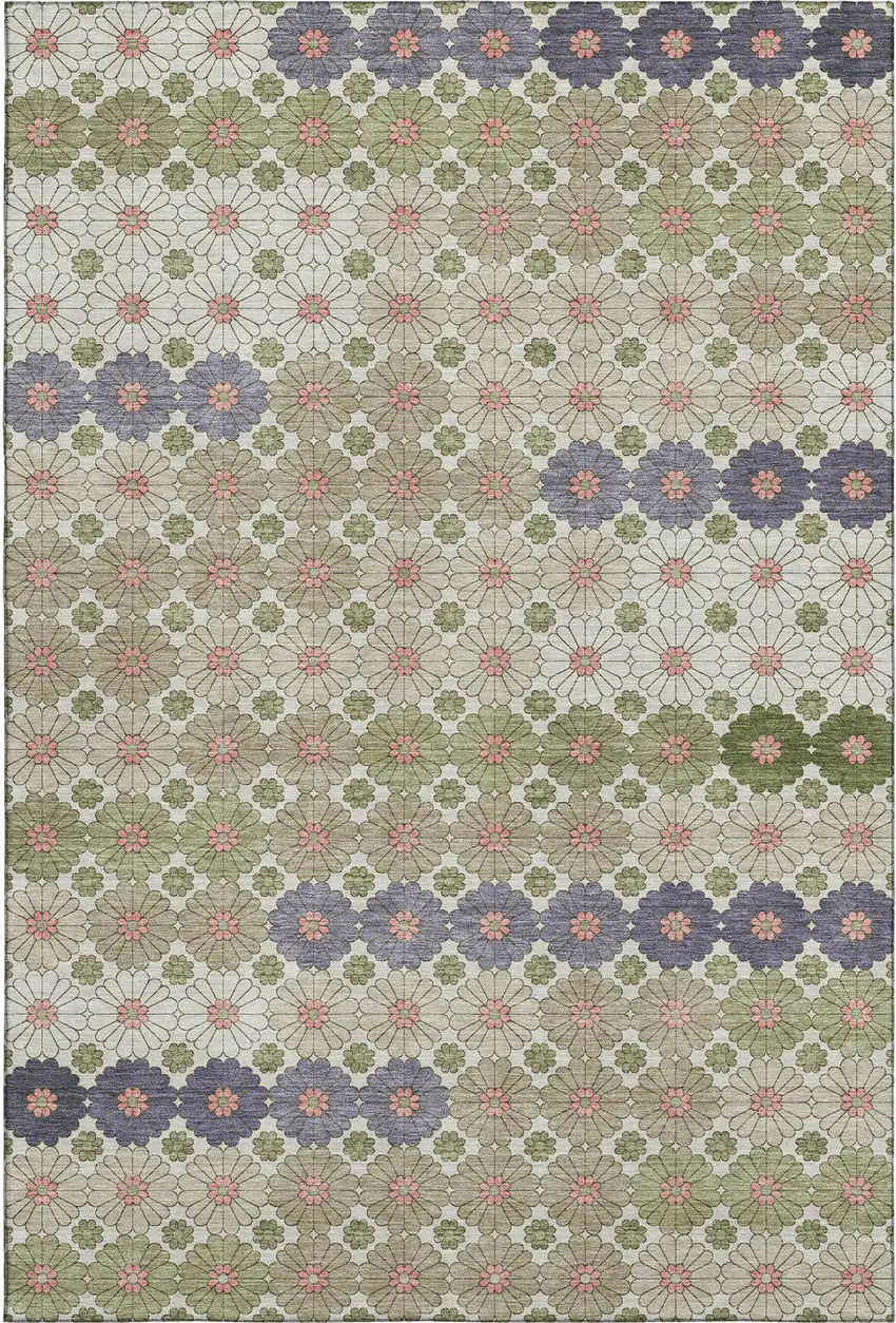 Artichoke Green Purple And Beige Geometric Washable Area Rug With UV Protection Photo 1