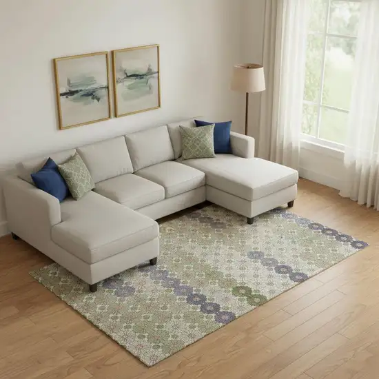 Artichoke Green Purple And Beige Geometric Washable Area Rug With UV Protection Photo 2