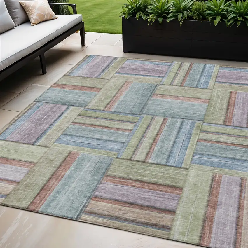 Artichoke Green Purple And Blue Geometric Washable Indoor Outdoor Area Rug Photo 1