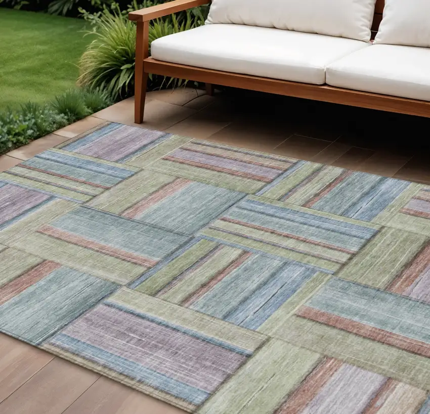 Artichoke Green Purple And Blue Geometric Washable Indoor Outdoor Area Rug Photo 1