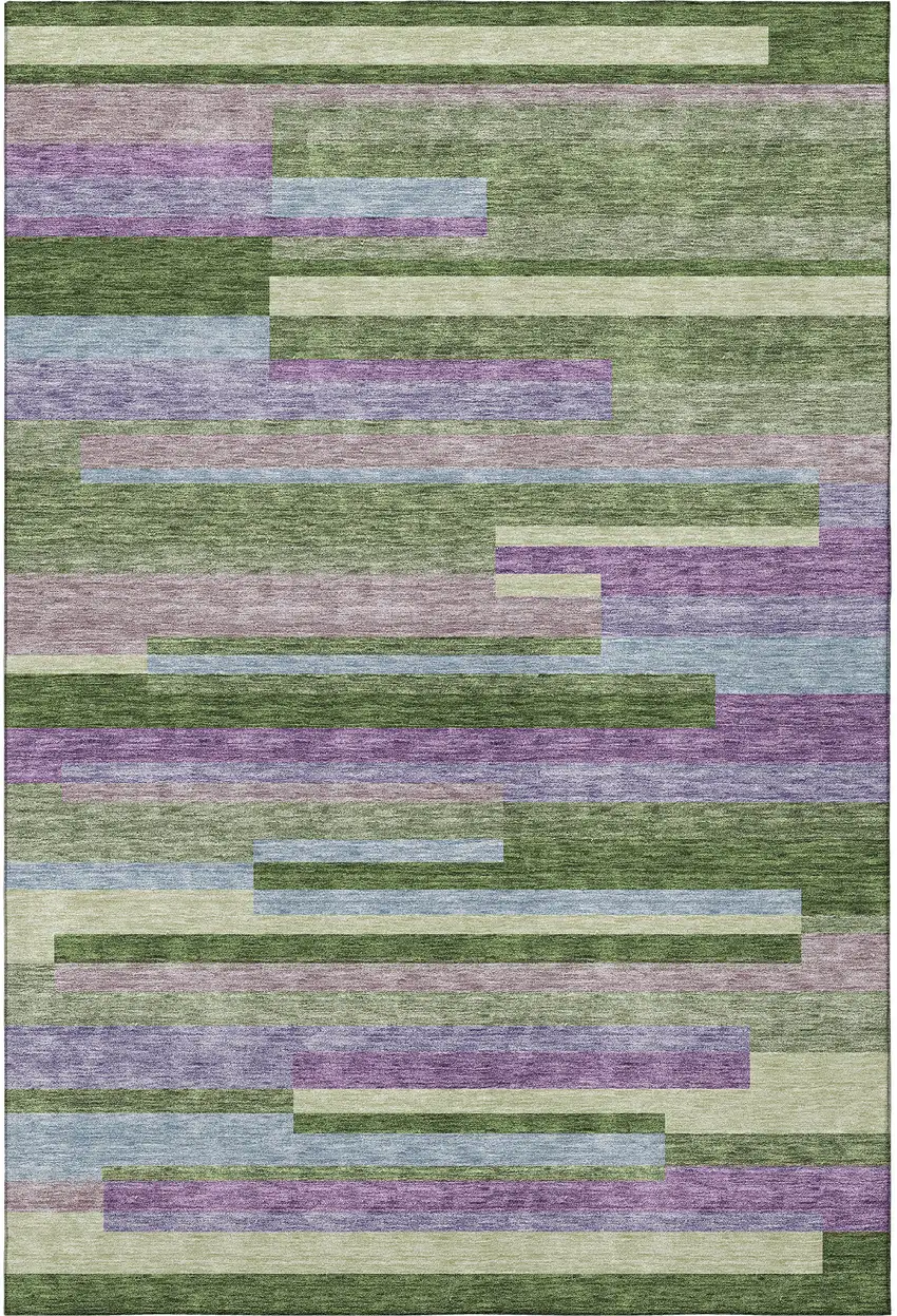Artichoke Green Purple And Blue Striped Washable Area Rug With UV Protection Photo 2