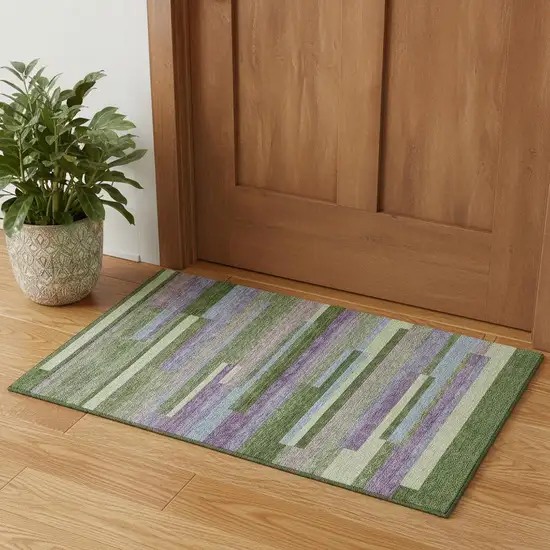 Artichoke Green Purple And Blue Striped Washable Area Rug With UV Protection Photo 1