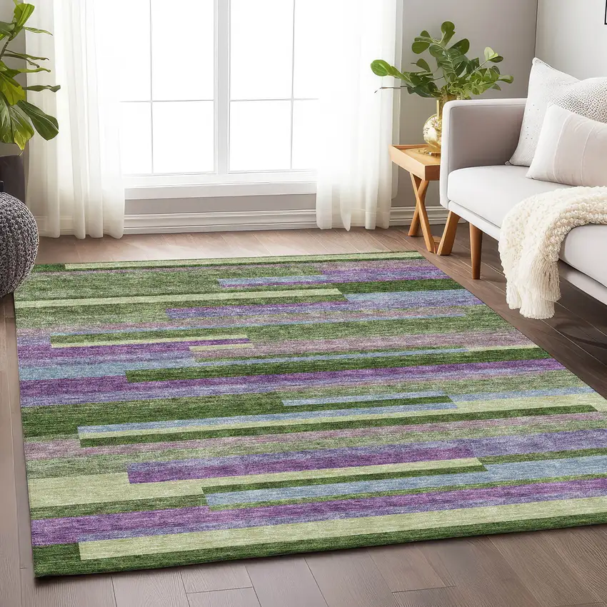 Artichoke Green Purple And Blue Striped Washable Area Rug With UV Protection Photo 3
