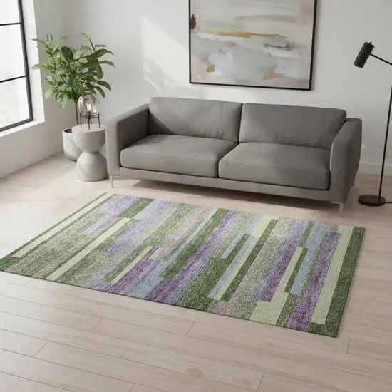 Artichoke Green Purple And Blue Striped Washable Area Rug With UV Protection Photo 2