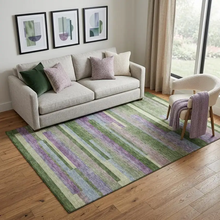 Artichoke Green Purple And Blue Striped Washable Area Rug With UV Protection Photo 1