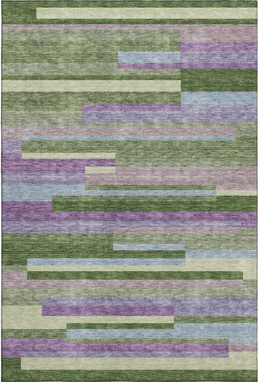 Artichoke Green Purple And Blue Striped Washable Area Rug With UV Protection Photo 1