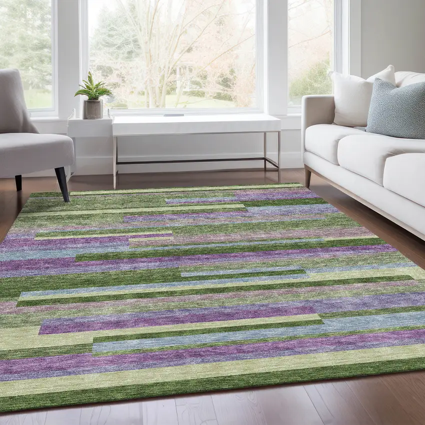 Artichoke Green Purple And Blue Striped Washable Area Rug With UV Protection Photo 5