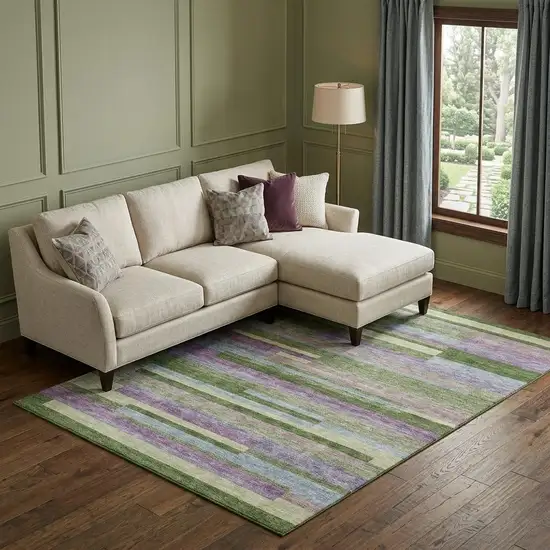 Artichoke Green Purple And Blue Striped Washable Area Rug With UV Protection Photo 1