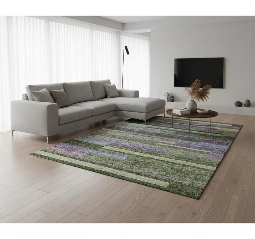 Artichoke Green Purple And Blue Striped Washable Area Rug With UV Protection Photo 2